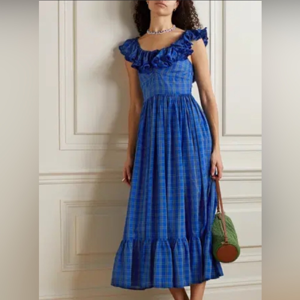 Doen Sora Blue Checkered Ruffle Maxi Dress